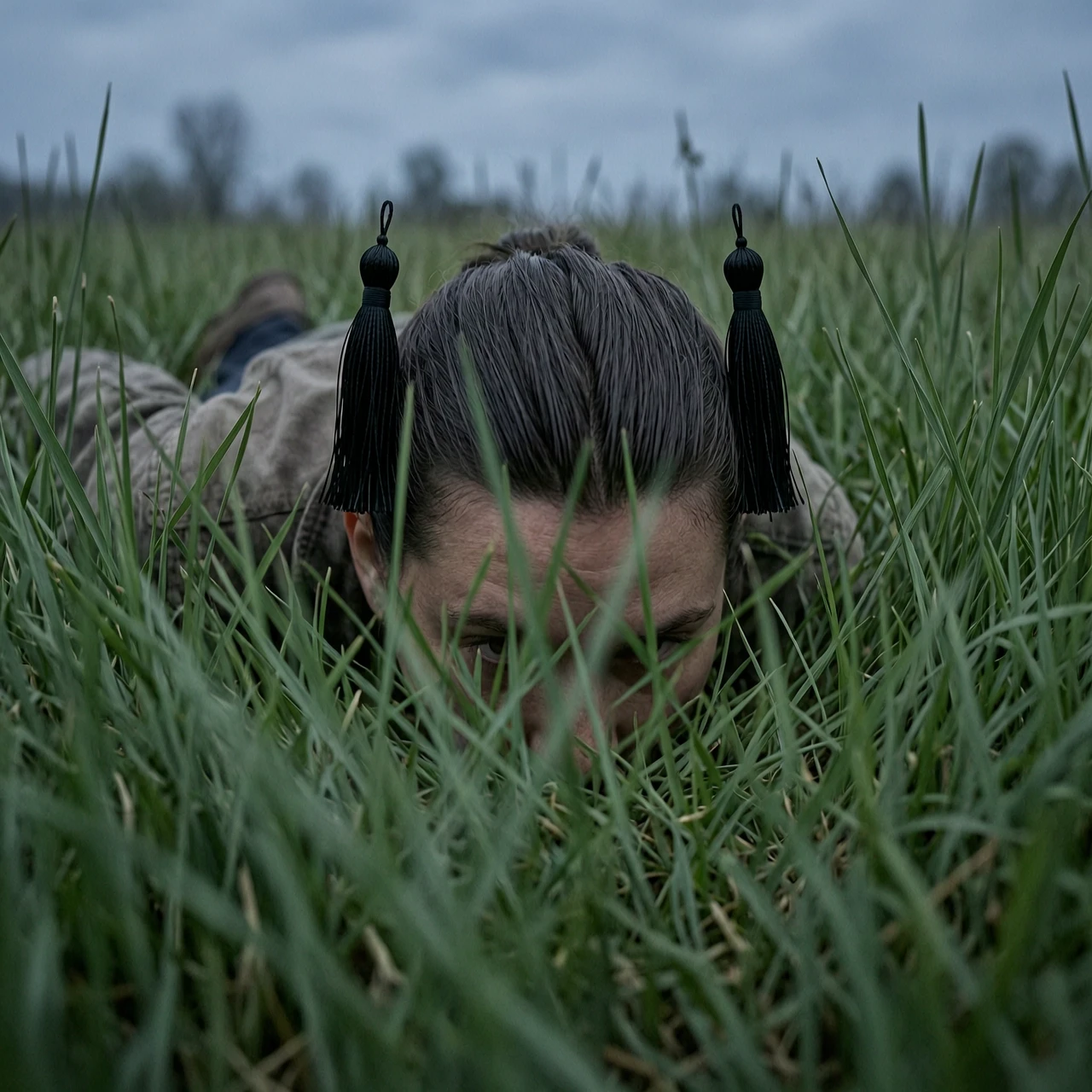 Low-angle shot from inside grass: Устанавливает камеру "внутри" травы, создавая эффект присутствия. Only the top of a head and ears with black tassels: Четко…