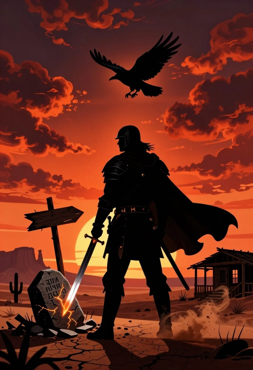 Wild West epic silhouette art, high contrast, dramatic sunset, cinematic framing, heavy chiaroscuro, saturated orange‑red sky, thick painterly clouds. A massive silhouette of a…