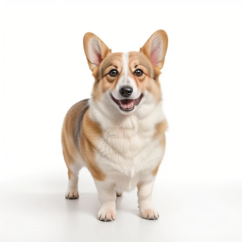 create a photo, a corgi dog, friendly, standing, looking at the viewer, studio lighting, white background. High-quality photo, 300 dpi — работа пользователя Фантазийный Криомант