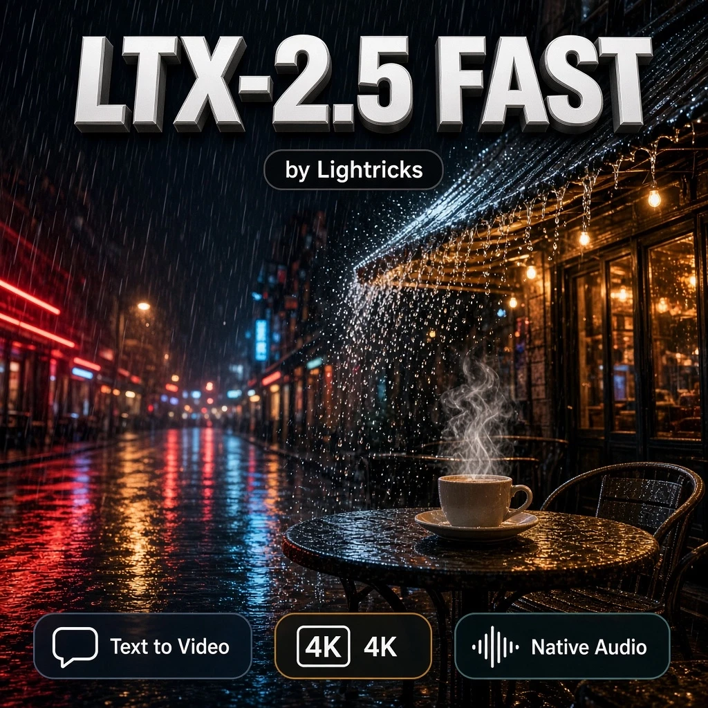 Flat 2D square graphic design cover, the photograph fills the frame edge-to-edge, no frame, no border, no mockup. Bold clean modern 3D typography reading "LTX-2.5…