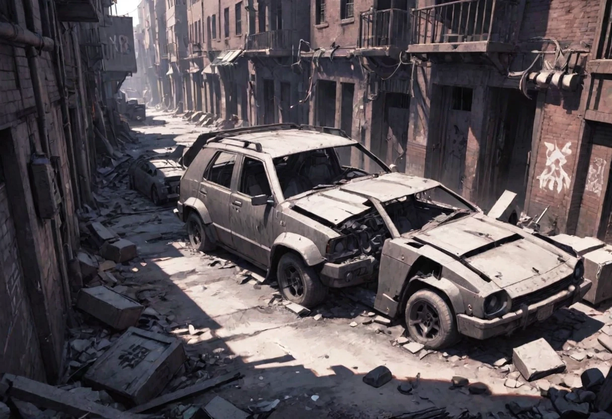 A grimdark cyberpunk slum, neo-noir, monochrome, gritty texture, high contrast chiaroscuro lighting, in the style of a Warhammer 40k animatic or motion comic. A desolate street…