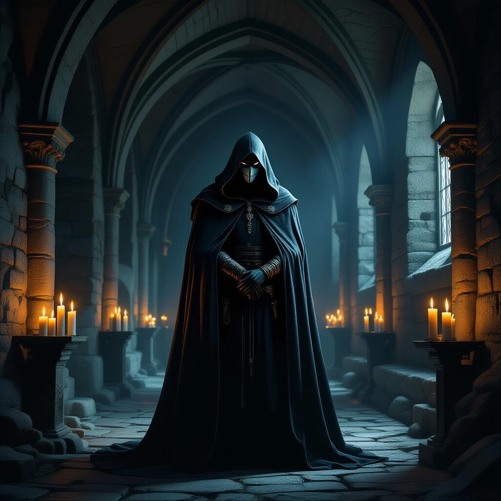 Under the vaults of an ancient medieval church, in the semi-darkness, by the lit candles, stands a mysterious man in a long, ankle-length cloak, a hood thrown over his head, his…