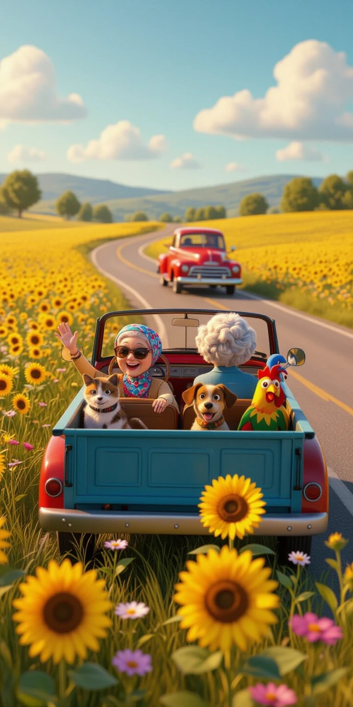 Pixar-style 3D animation, cinematic wide shot. Deep depth of field: foreground is wildflowers and sunflowers in sharp focus; middle ground is the winding country road; far…
