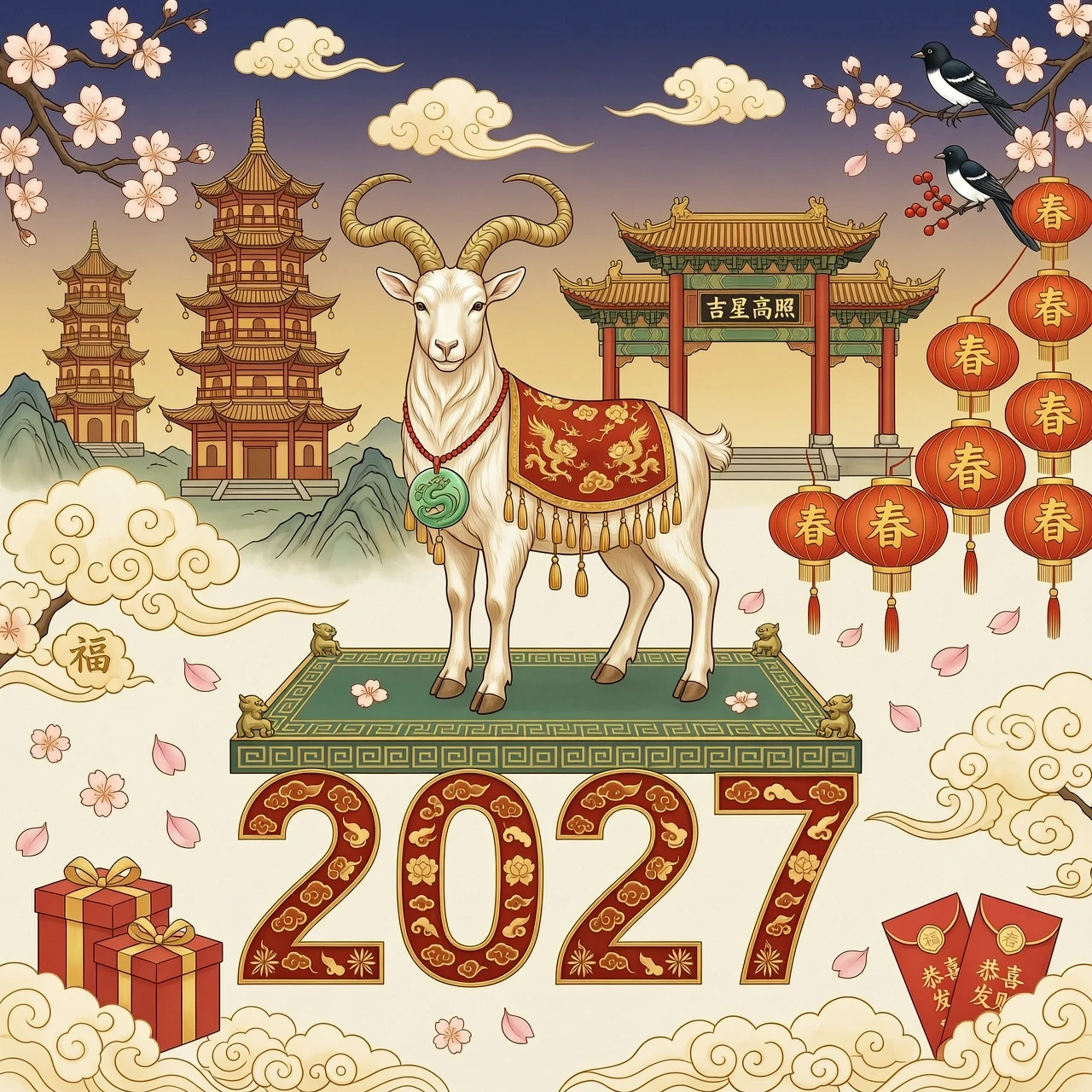 Horizontal illustration, aspect ratio 4:3. Goat in oriental style, symbol of 2027. Blooming sakura, Chinese lanterns, pagodas, gold patterns, clouds. Red and gold tones, festive…