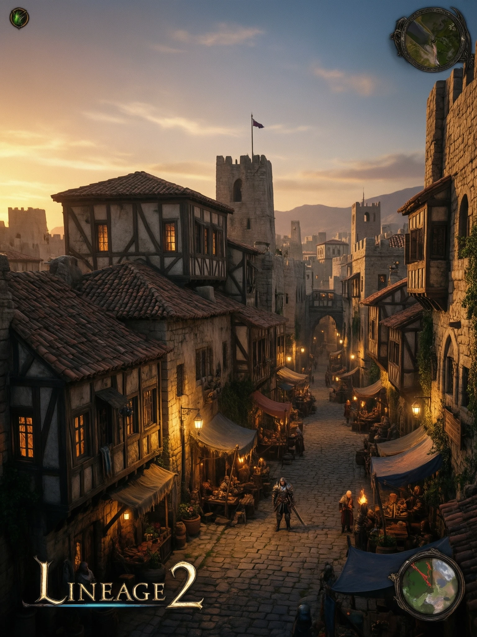The city of Aden from the game Lineage 2, evening, warm light from the windows,medieval architecture — работа пользователя Кисть художника