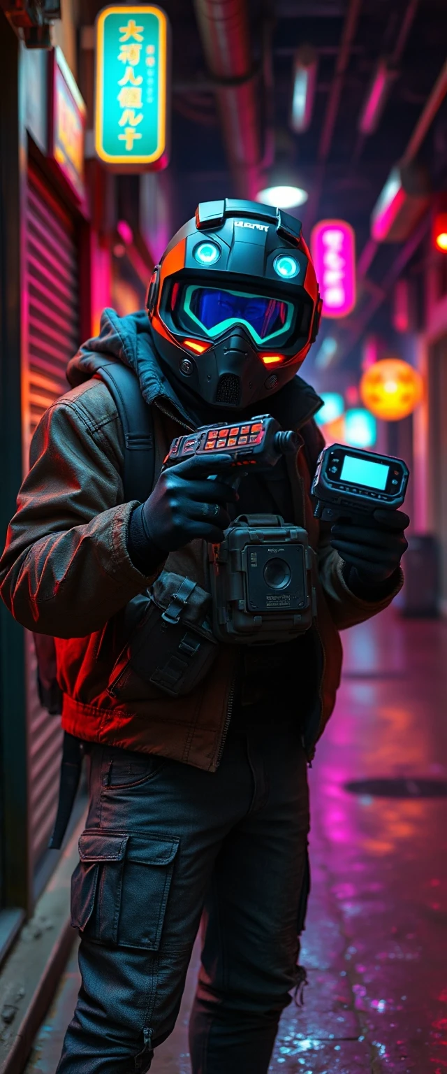 A cinematic shot of a futuristic bounty hunter, cyberpunk style, neon lighting, holding a high-tech tracking device, wearing a weathered leather jacket and a glowing visor, dark…