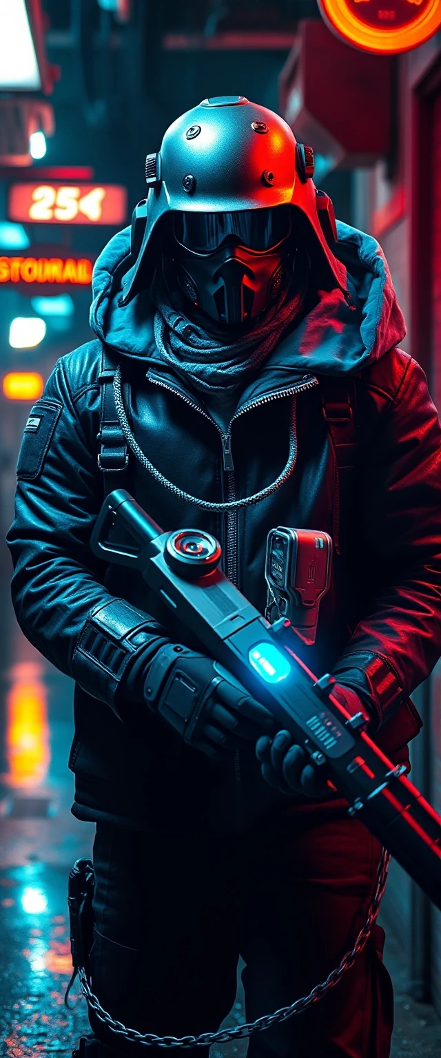A cinematic shot of a futuristic bounty hunter, cyberpunk style, neon lighting, holding a high-tech tracking device, wearing a weathered leather jacket and a glowing visor, dark…