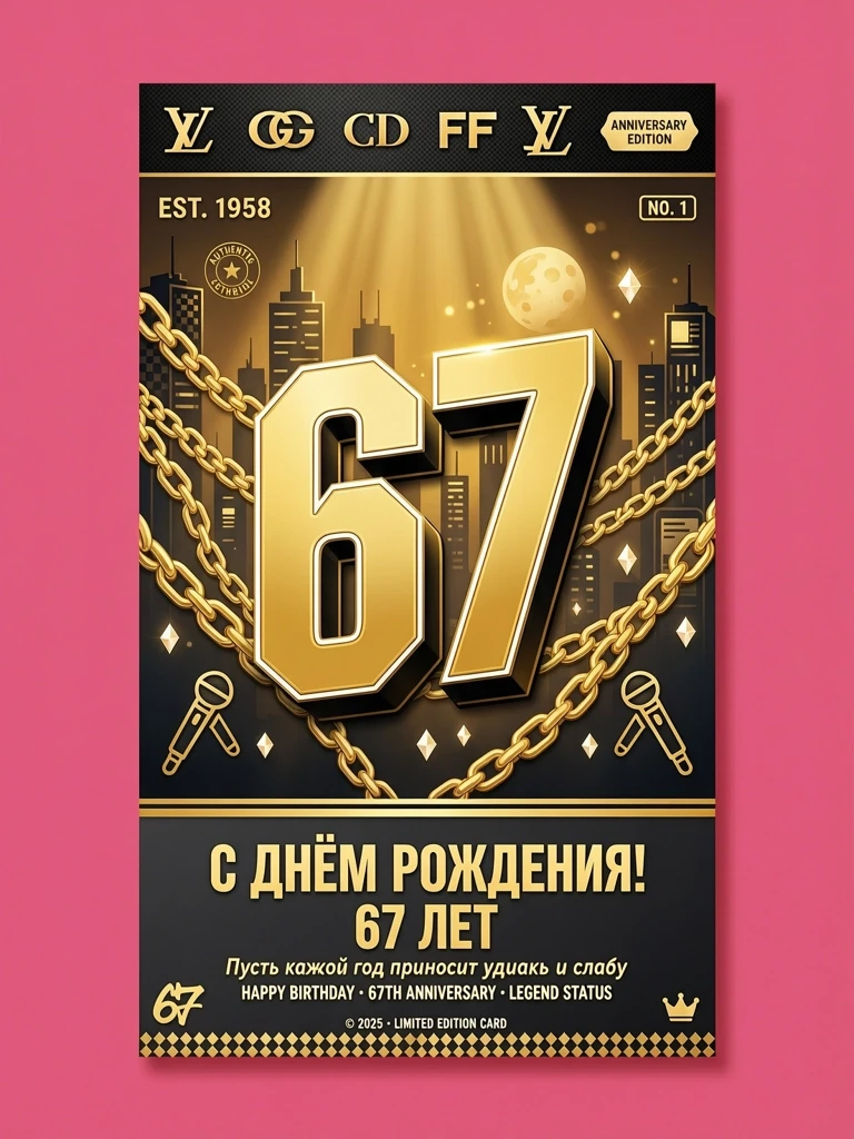 Поздравительная открытка ко юбилею 67 лет. молодёжная. рэп, золотые цепи, бренды — работа пользователя Живописная Гравитация