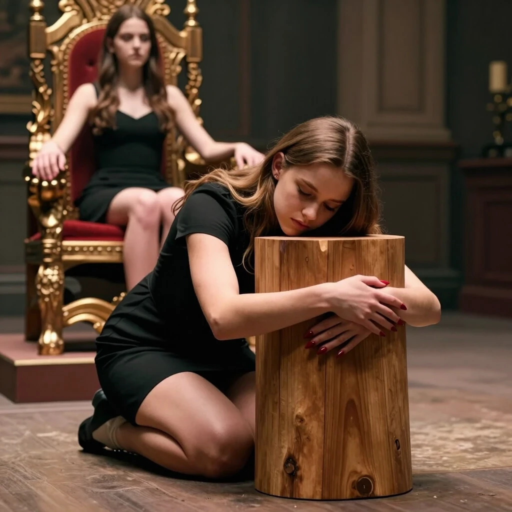 She is on her knees. To her right stands a wide wooden block in the shape of a sawn‑off stump. The girl has placed her head on this block and wrapped her arms around it from the…