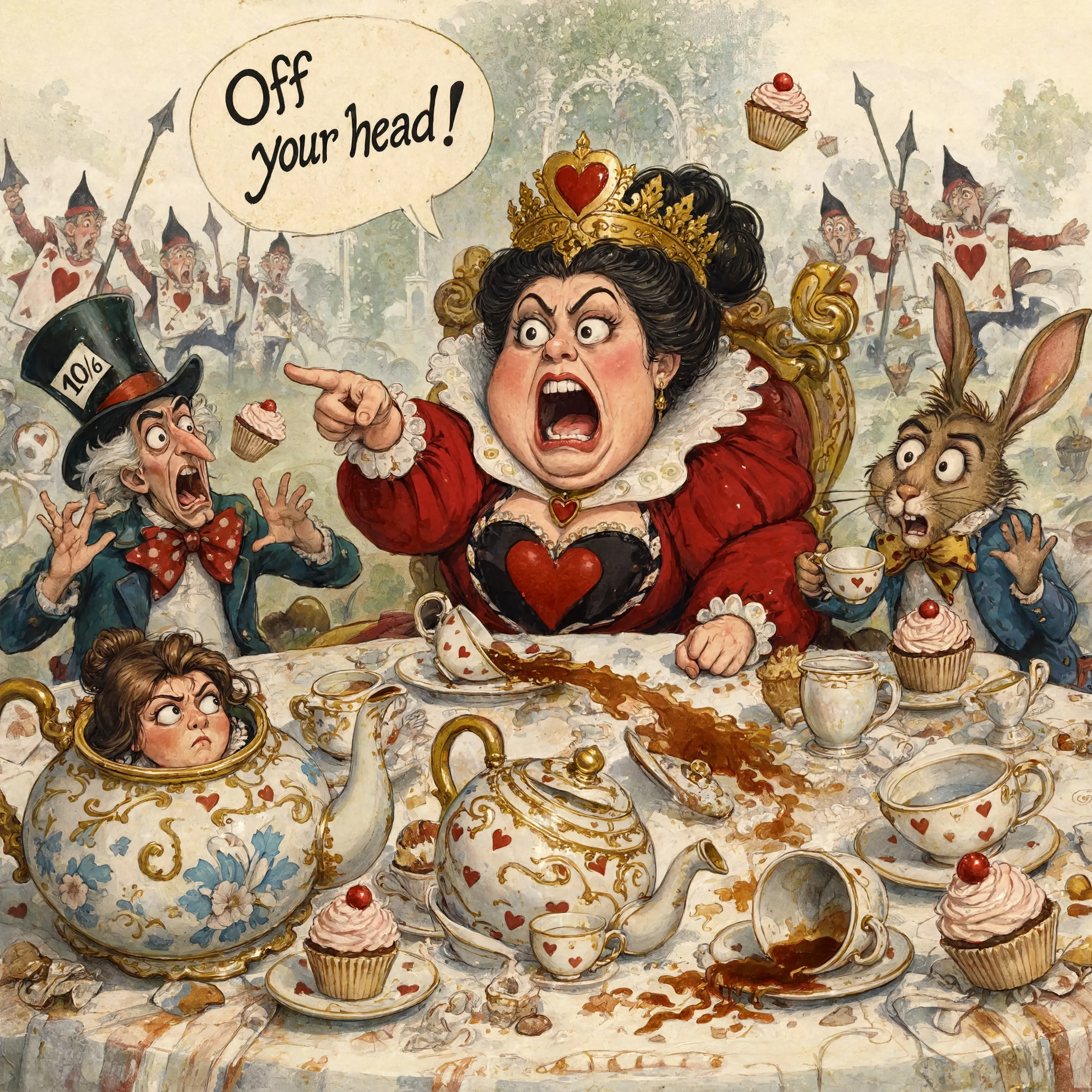(masterpiece:1.8, acrylic painting:1.5, best quality:1.6, ultra-detailed:1.6). A bizarre and funny image (of the Queen of Hearts), who, sitting at a crazy tea table, angrily…
