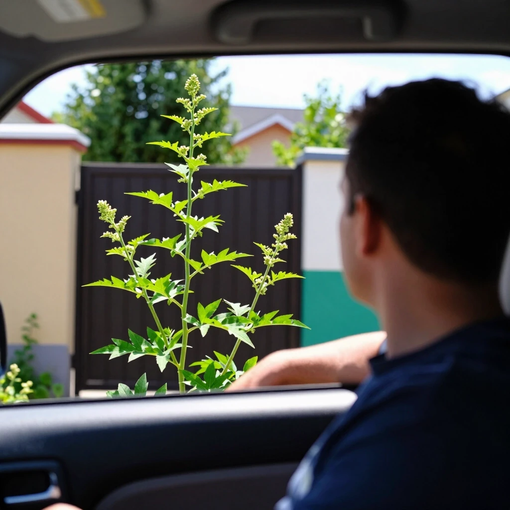 A man looks out of the car at the wormwood-leaved ragweed growing by the gate of the dacha and about three meters high — работа пользователя Эмоциональная Трансмутация