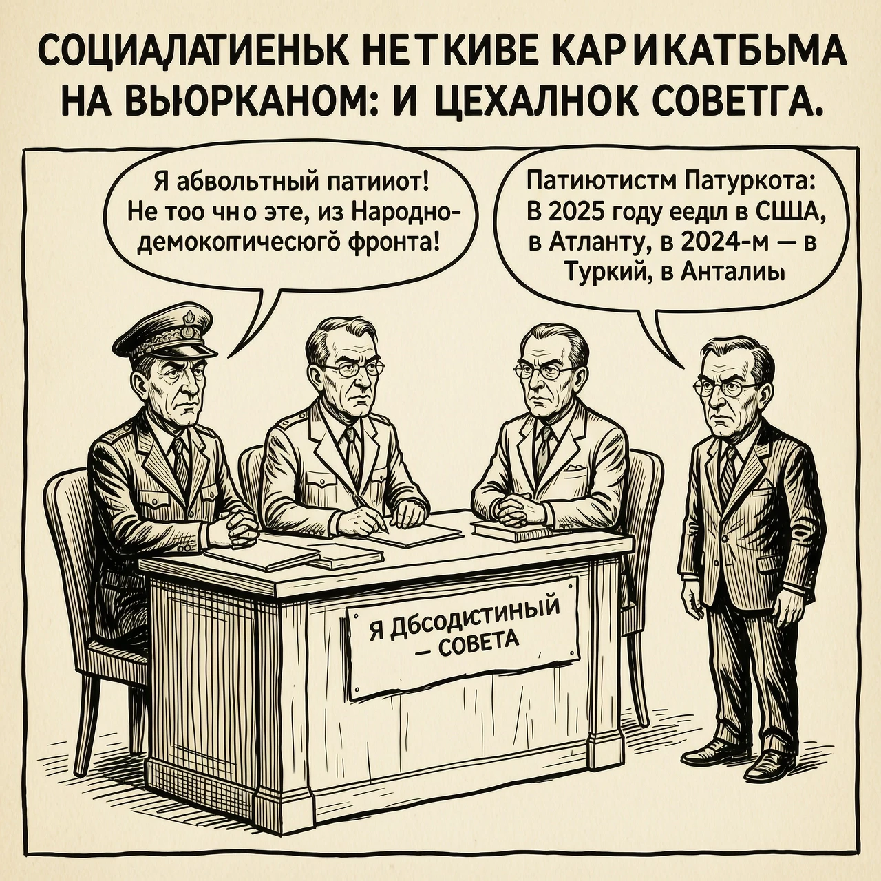 Социалистическая карикатура на бюрократов из школьного совета. Бюрократ говорит: «Я абсолютный патриот! Не то что эти, из Народно-демократического фронта!» Патриотизм бюрократа:…