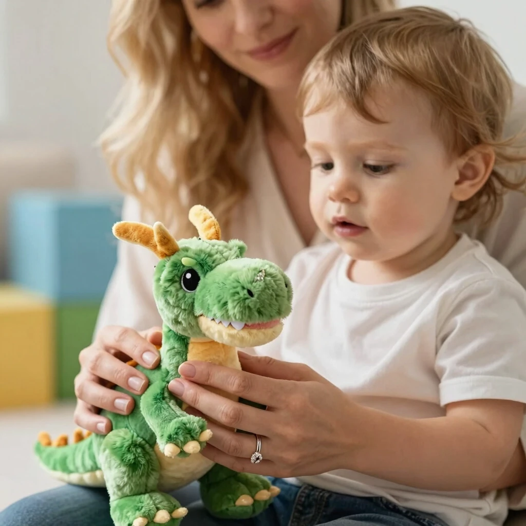 Close‑up: hands of a Caucasian mom (blond hair) and a light‑brown‑haired toddler, together holding a small plush dragon. Mom’s wedding ring visible. Blurred background with soft…
