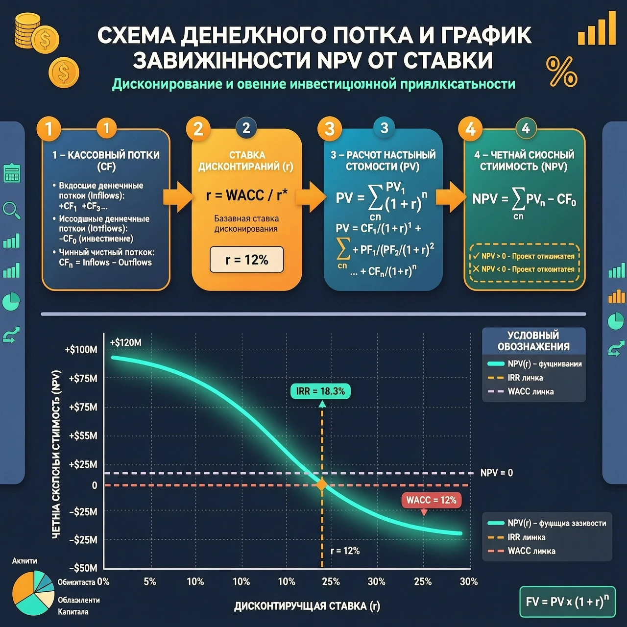 Иллюстрация: схема денежного потока с выделенными этапами дисконтирования / график зависимости NPV от ставки — работа пользователя Огромный Оккульт