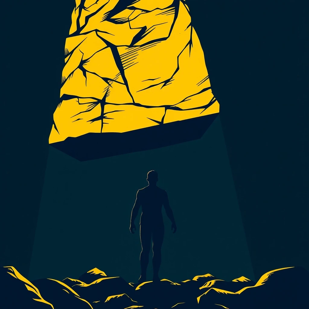 A human silhouette crushed by a giant golden weight pressing down from above, comic book style with cinematic dramatic lighting, dark graphic novel aesthetic, bold black…
