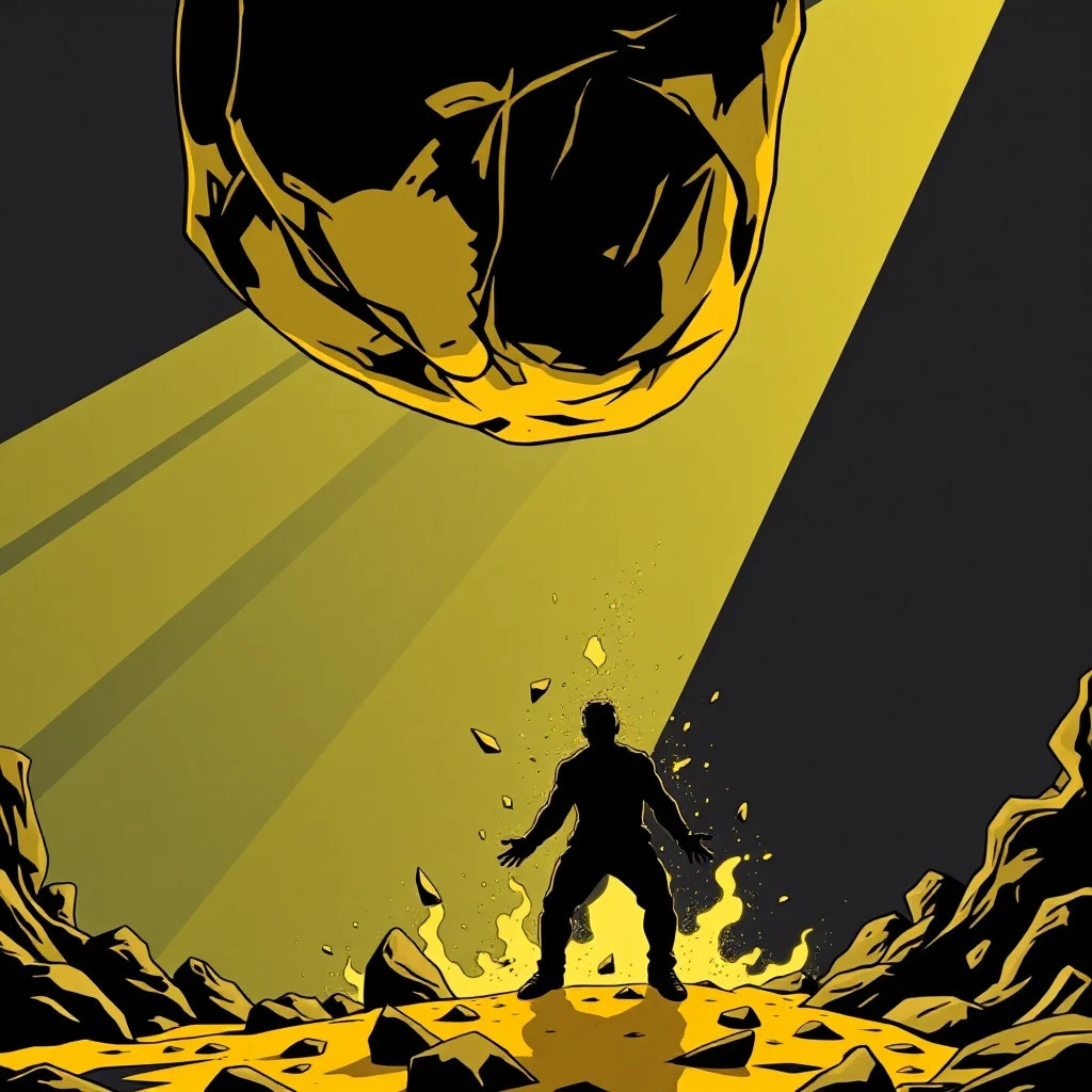 A human silhouette crushed by a giant golden weight pressing down from above, comic book style with cinematic dramatic lighting, dark graphic novel aesthetic, bold black…