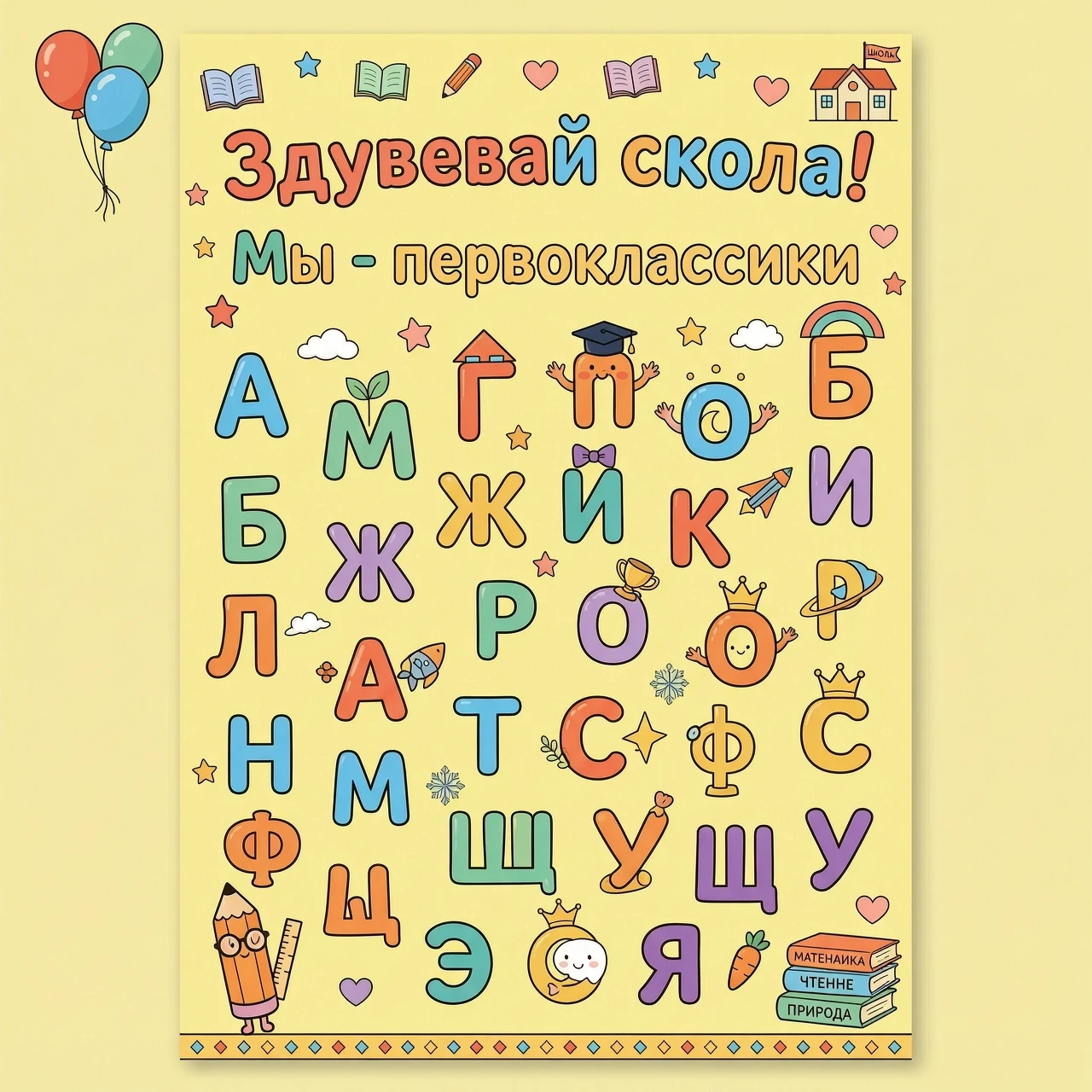 Мультяшная обучающая карточка формата А4 для первоклассников. Создать буквы для фразы Здравствуй школа! Мы - первоклассники Фон светло‑жёлтый, нейтральный, много „воздуха“.…