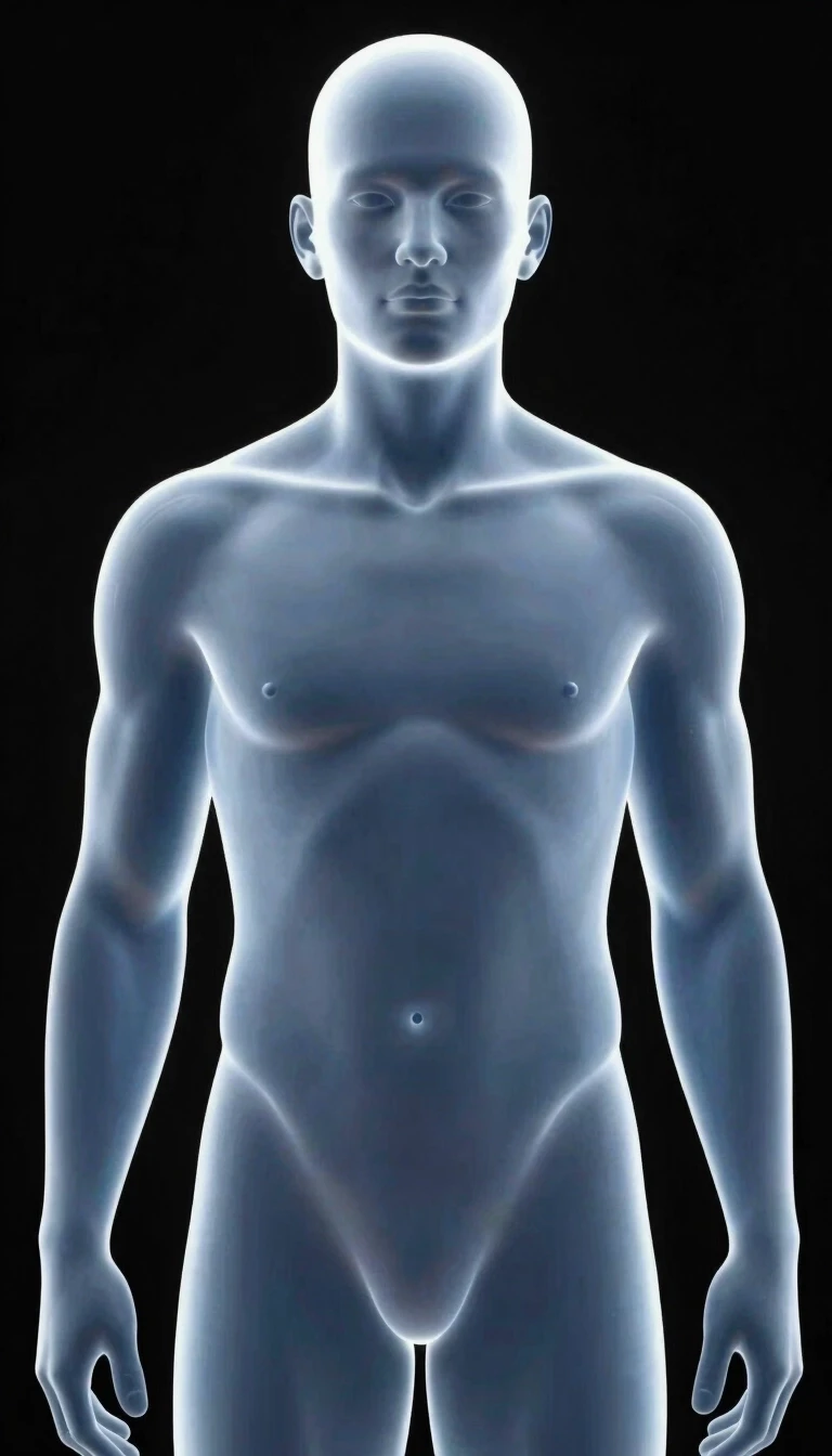 A translucent substance in the shape of a human body without sexual characteristics, but with a male chest. No hair on the head. The entire body has a uniform, slightly bluish…