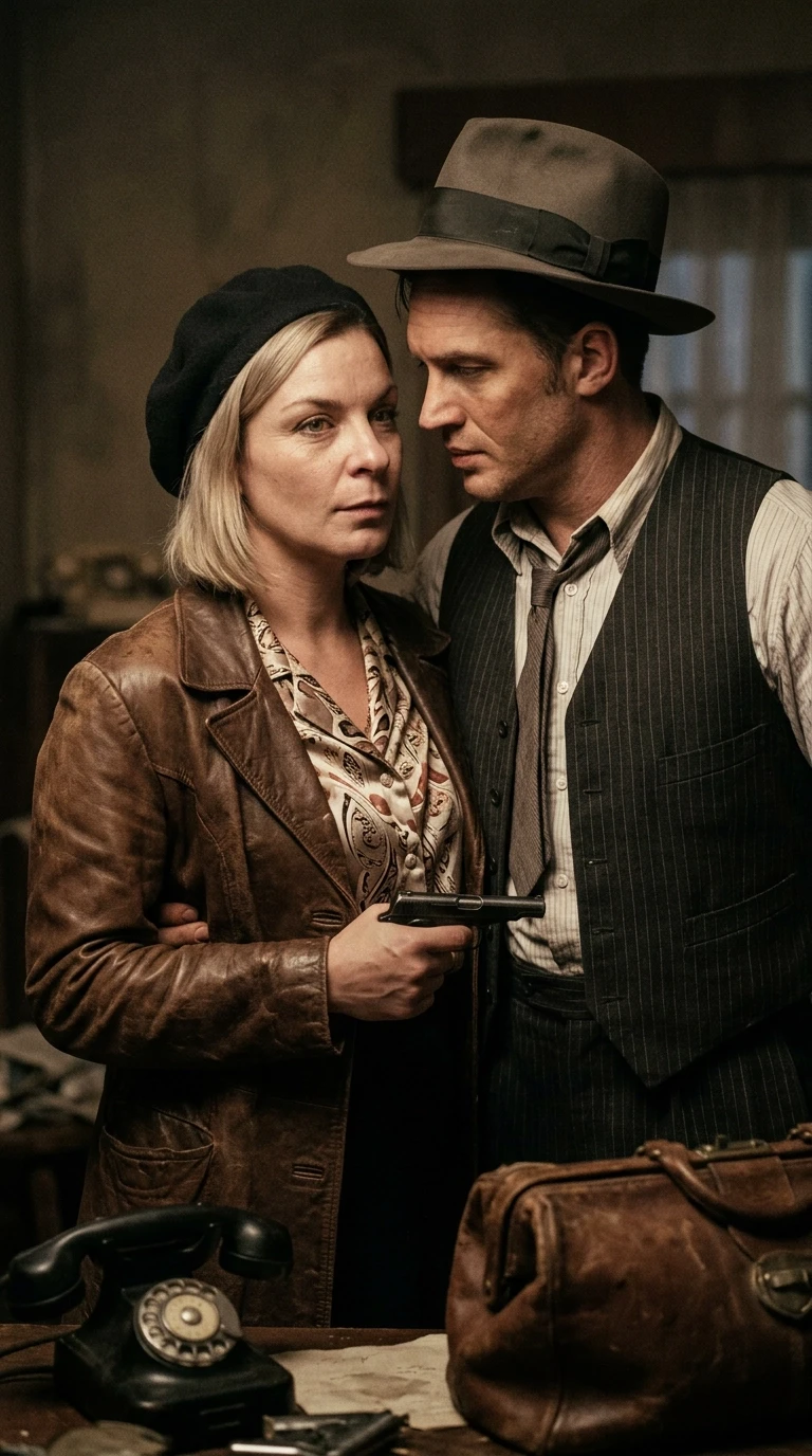 Hyper-realistic cinematic film still, authentic 1930s vintage photograph style. A woman with the exact facial features of the provided image, portrayed as Bonnie Parker,…