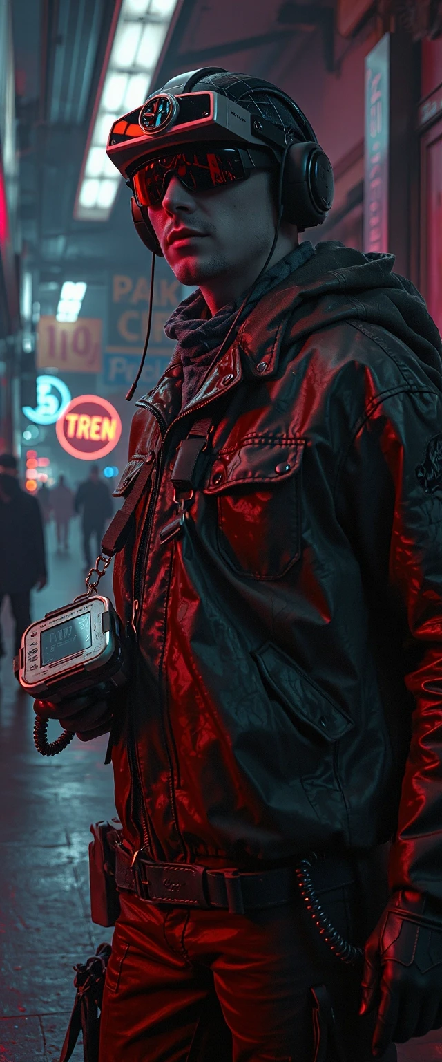 A cinematic shot of a futuristic bounty hunter, cyberpunk style, neon lighting, holding a high-tech tracking device, wearing a weathered leather jacket and a glowing visor, dark…