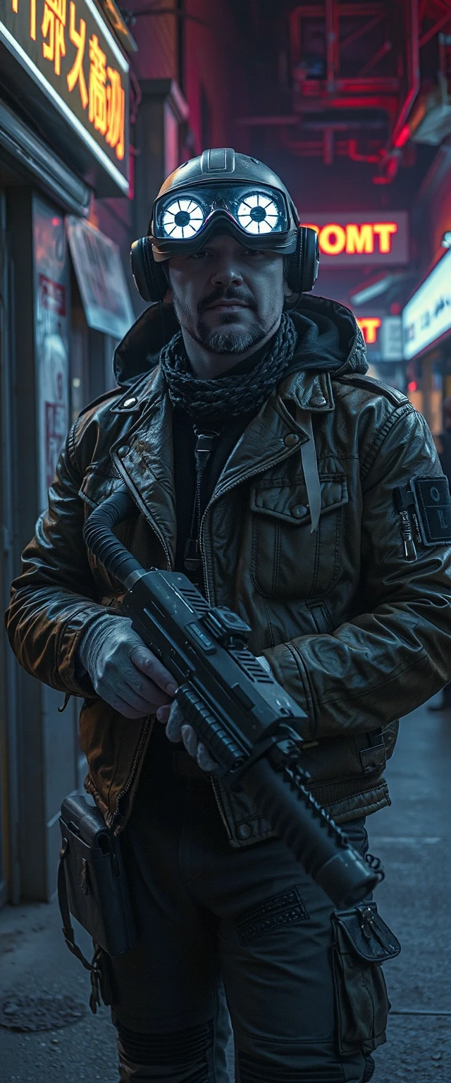 A cinematic shot of a futuristic bounty hunter, cyberpunk style, neon lighting, holding a high-tech tracking device, wearing a weathered leather jacket and a glowing visor, dark…