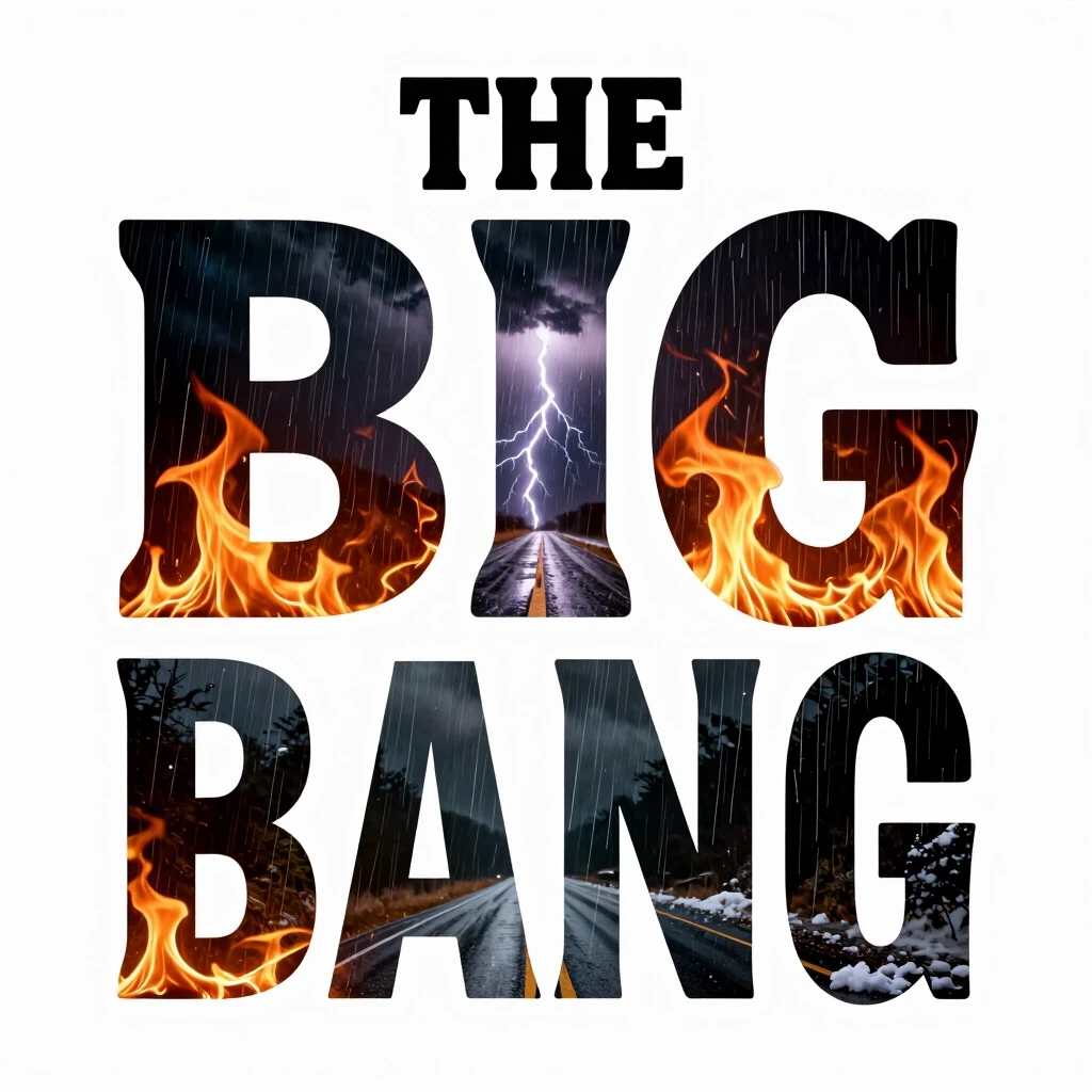 THE BIG BANG THEORY - text Стиль - фотореализм Шрифт : шрифтовая маска Внутри букв текста : огонь, ночь,тусовка,дорога,гроза,дождь,снег Преобладание цветов : тёмный/черный…