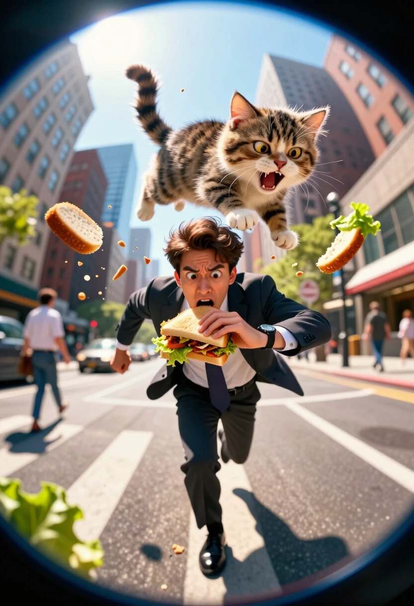 Updated Prompt: «Утренний хаос и кошачий шок» (Fisheye Edition)*A dynamic, hyper-stylized 8k 3D render using an extreme wide-angle fisheye lens for a distorted, spherical…