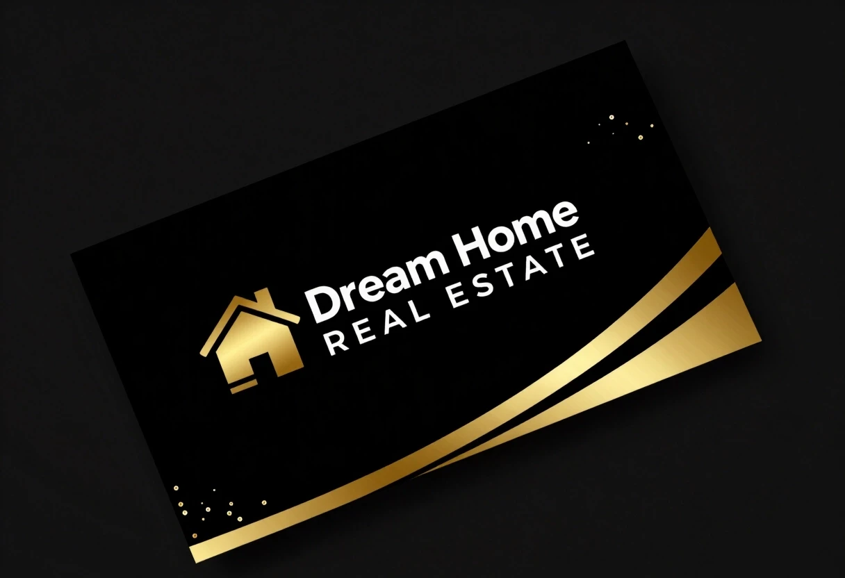 "business card, black background with gold and white design elements, Dream Home Real Estate logo, stylized gold house icon, "Dream Home REAL ESTATE" text in…