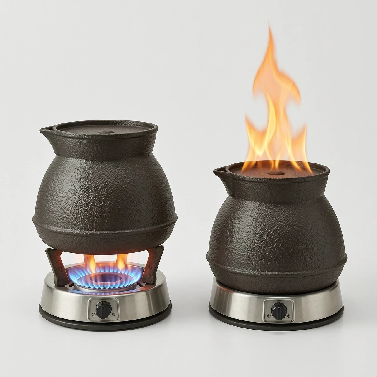 two identical cast iron colored jugs with flat bottoms, without handles and spouts, on a white background. The first is heated from below by a gas burner, the second has no gas…