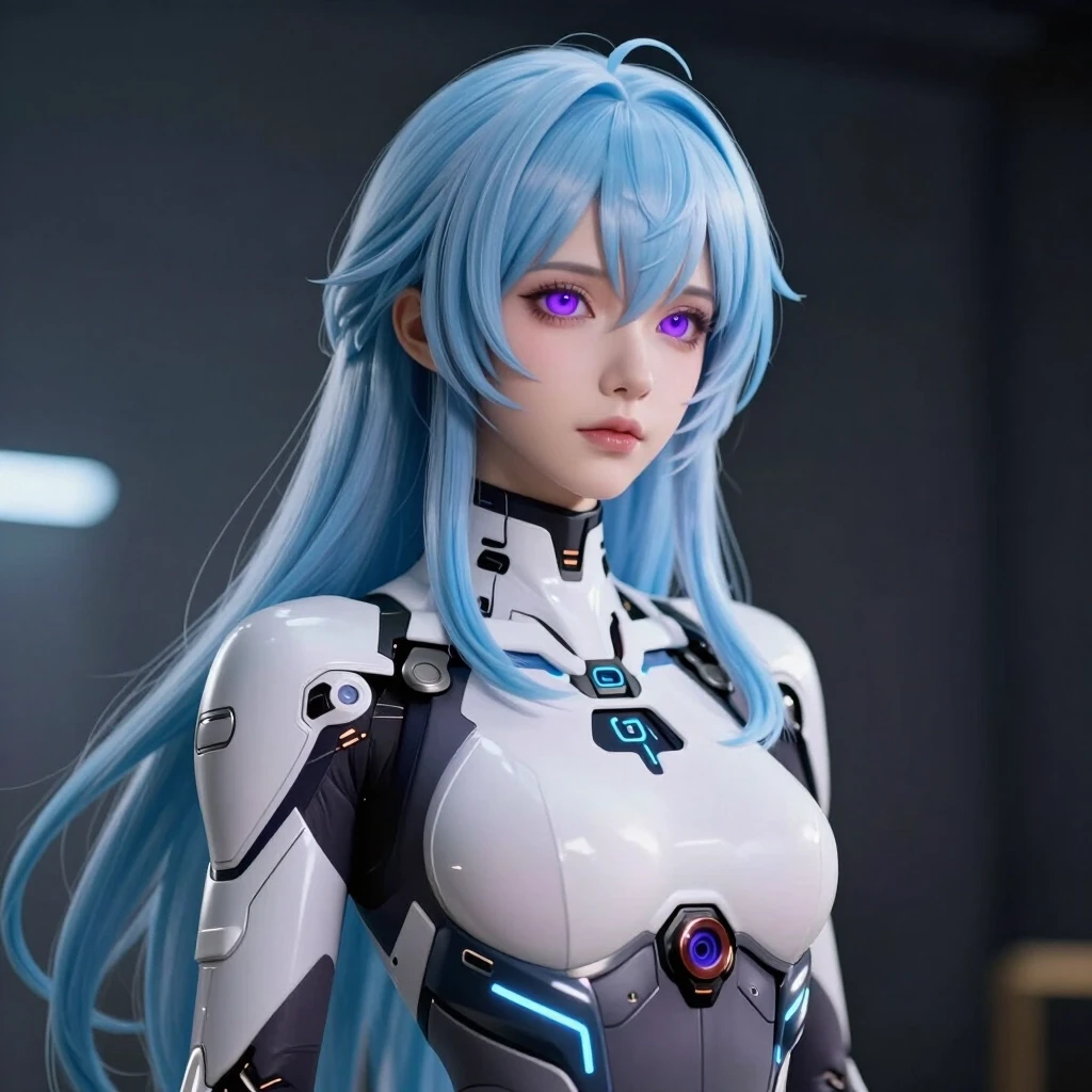 Cyberpunk smartphone wallpaper, 8k resolution. A beautiful female android with long pastel blue hair and violet eyes. Serene and elegant expression. She is wearing a high-tech…