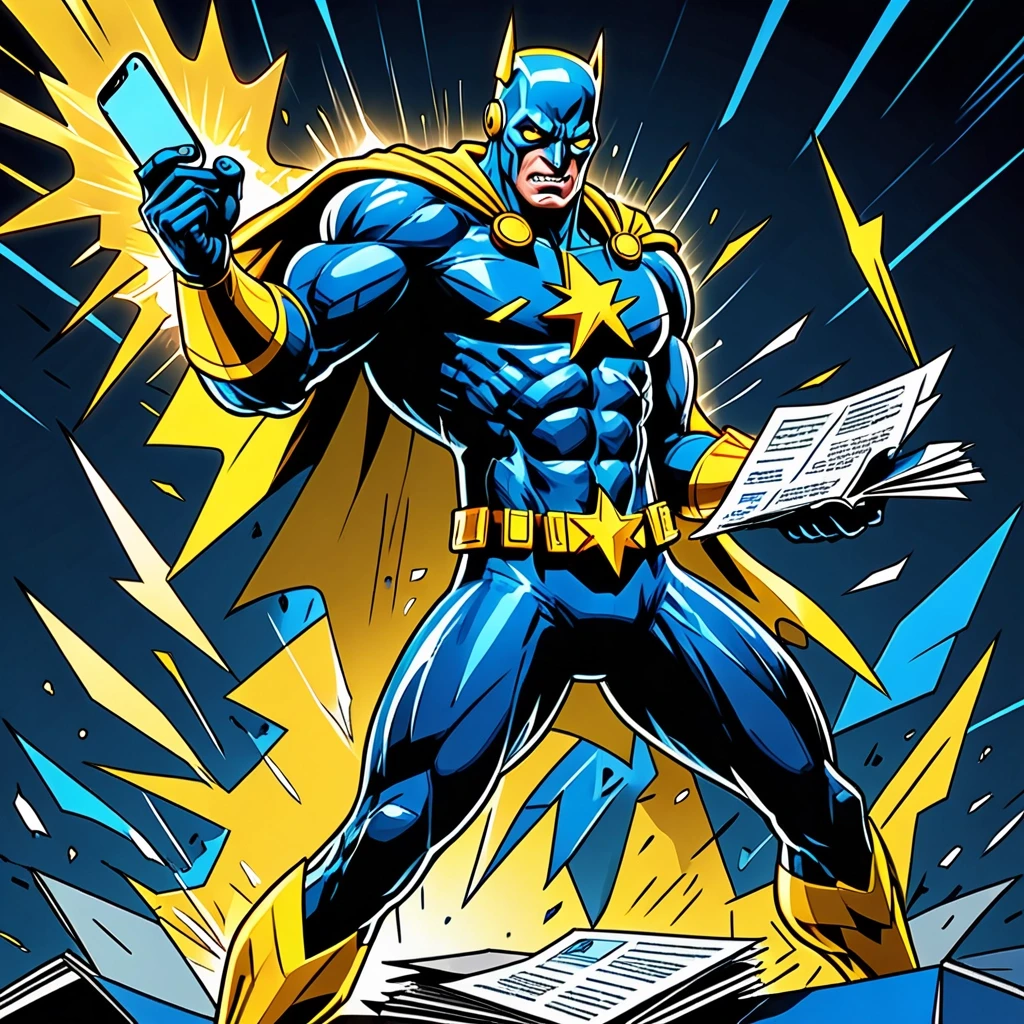 Dynamic comic book style, central hero stands holding a smartphone, bright lightning bolts shaped as legal documents, lawsuits, complaints and claims shooting out of the phone,…