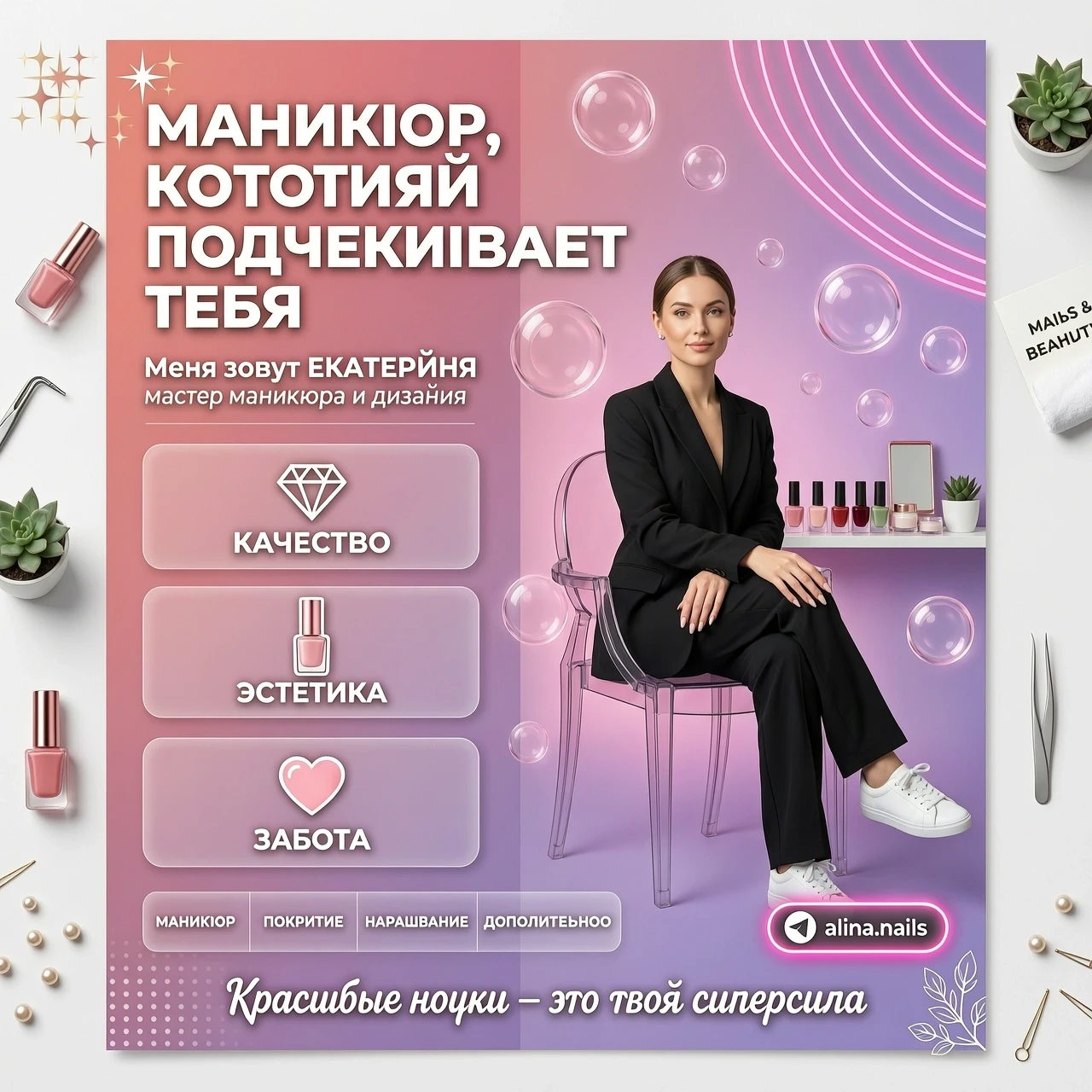 Рекламный флаер для мастера маникюра. В левой части — вертикальный блок с текстом: заголовок «МАНИКЮР, КОТОРЫЙ ПОДЧЕРКИВАЕТ ТЕБЯ» крупным белым шрифтом, ниже — «Меня зовут…