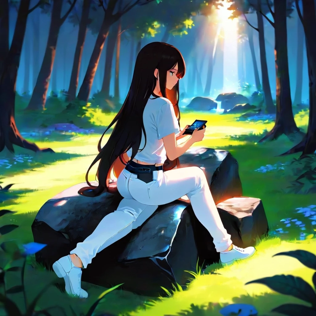 Woman playing computer game. Dark long hair, white jeans, white t-shirt. Nature — работа пользователя Могущественный Танец