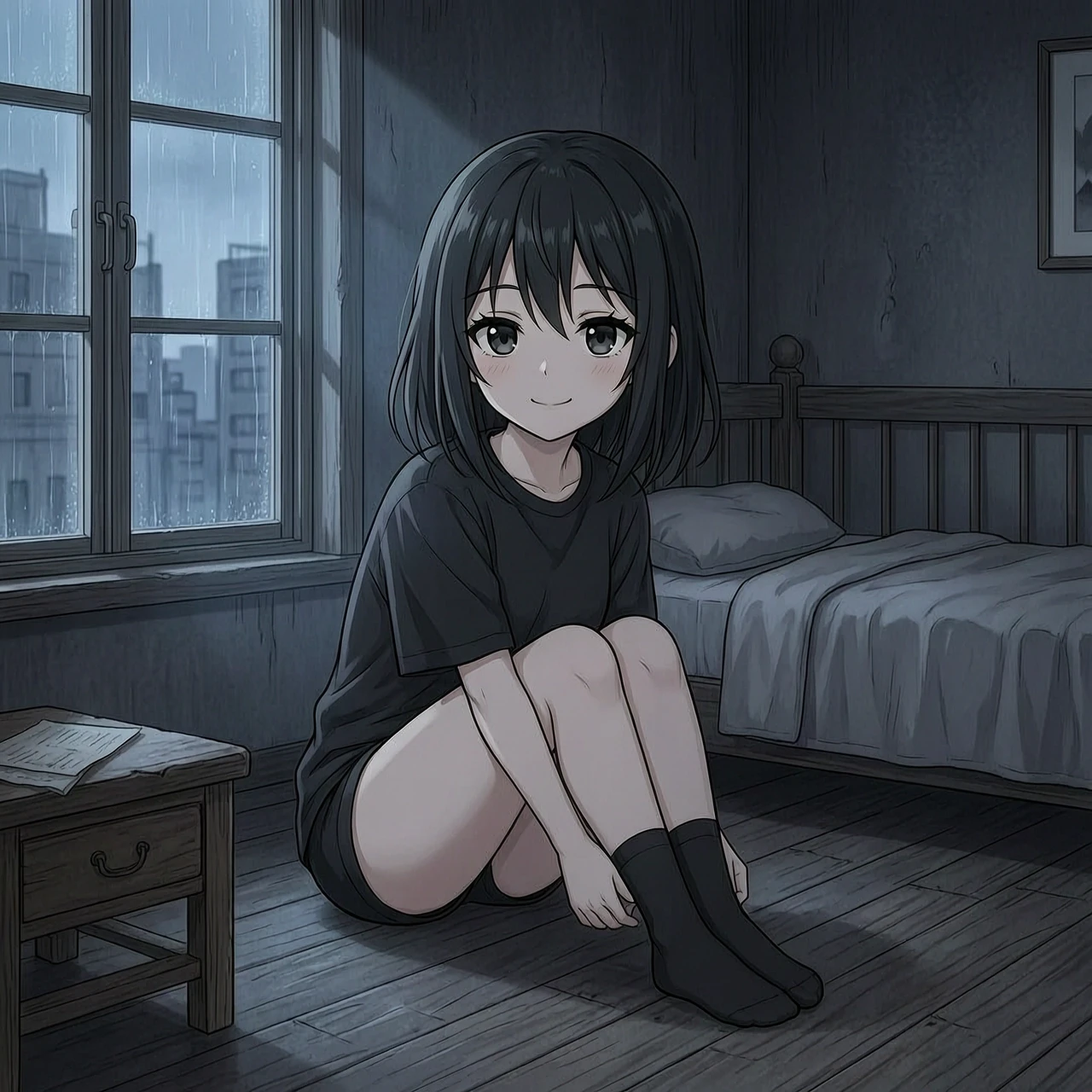 Тифея из игры Аркнайтс Энфилд,темная комната с окном. милая anime moe девушка. черные волосы средней длины. черные глаза. черные ресницы. черная длинная футболка черные чулки…