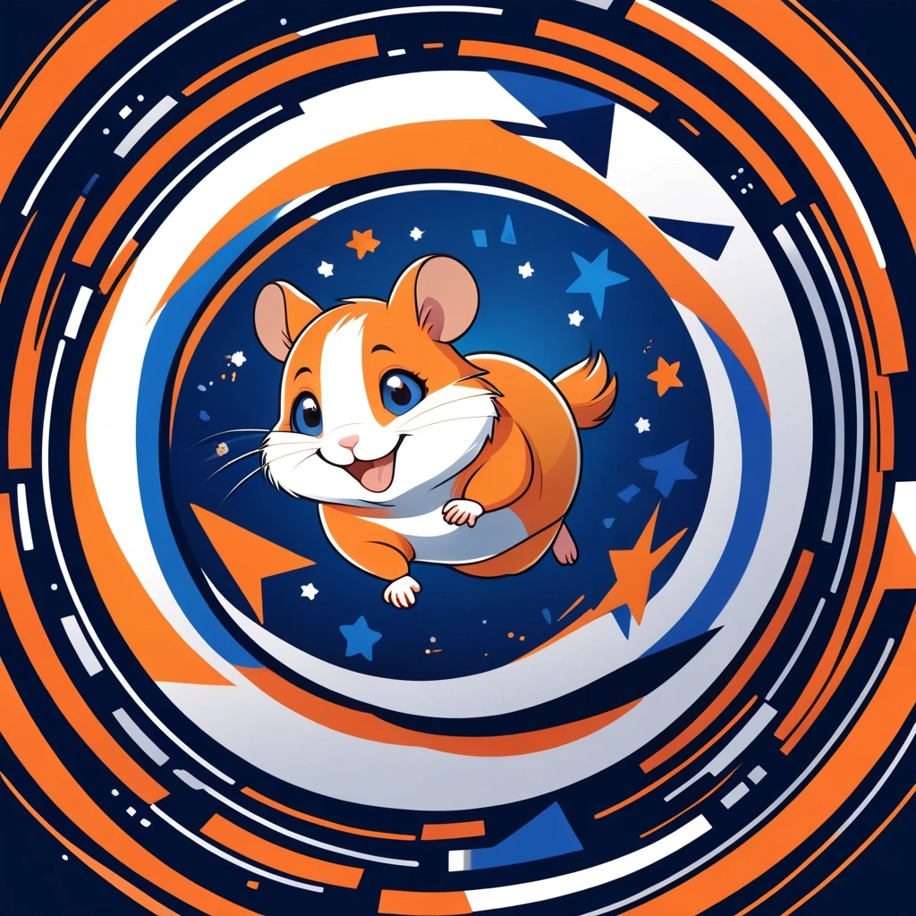 A modern, sleek round logo for a kids' sports team named "Hamsters". A vector illustration of a fast, smiling hamster running forward inside a circular badge. The…