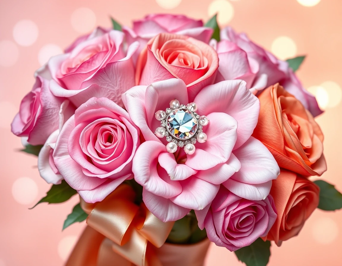 Square luxury birthday greeting card, elegant bouquet of lush roses in soft pink, lilac and warm orange tones, porcelain-like petals decorated with dew drops and delicate pearl…