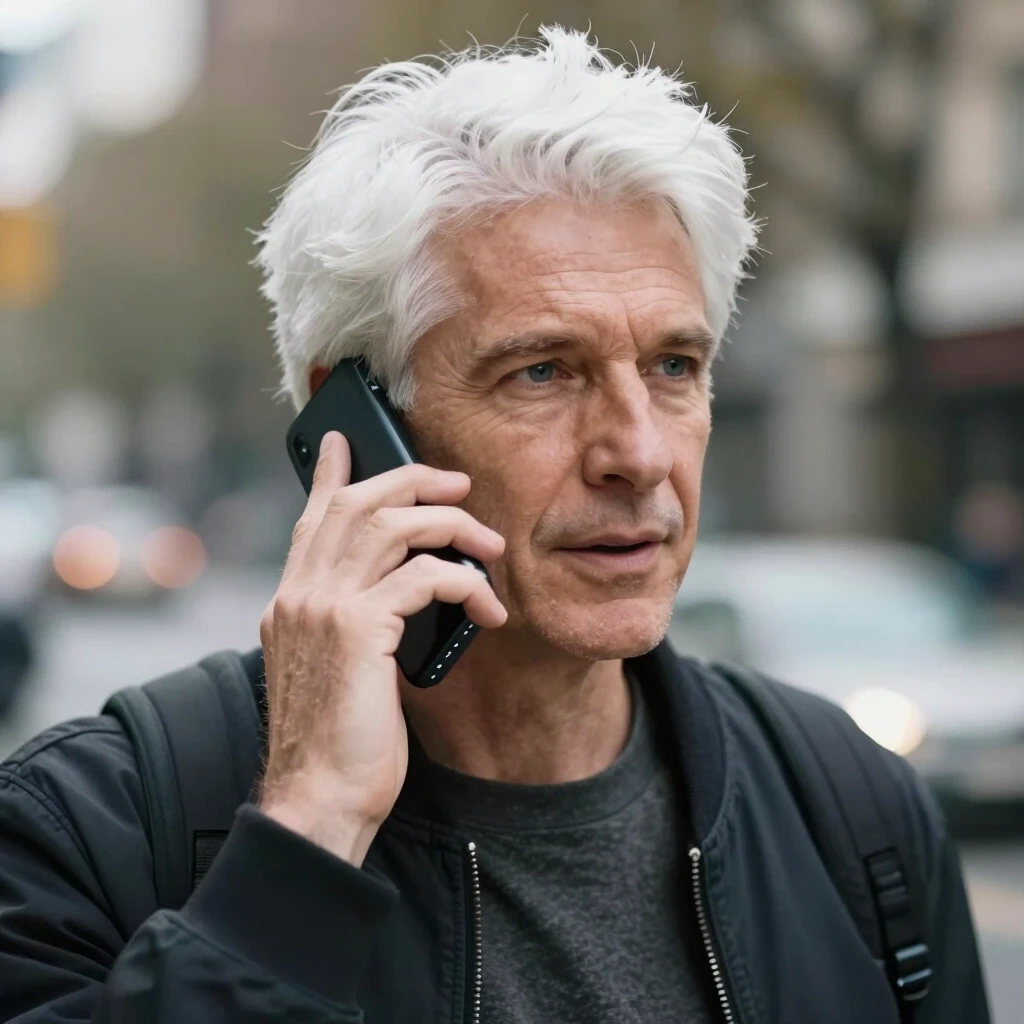 A guy with white hair is talking on a mobile phone — работа пользователя Космический Полет