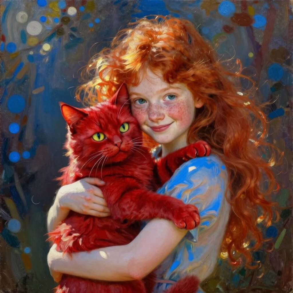 A cheerful red-haired girl holds a big red cat in her arms, hugging it. The girl has fluffy bright red hair, a freckled face, the sun's rays play in her hair, emphasizing…