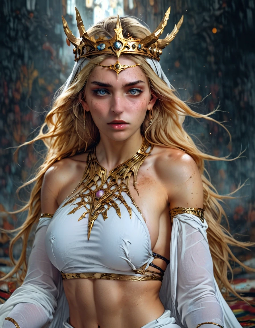 Digital Art, Fantasy Book Cover, Mystical Atmosphere, High Detail, 8k Сюжет: Женщина с длинными светлыми волосами и золотым рогатым головным убором (типа короны или диадемы)…
