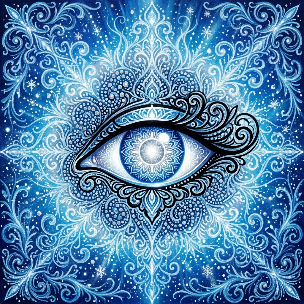 In the painting, we see a bright eye located in the center of the composition. This work is made in the style of psychedelic art, filled with deep symbolic elements. The color…