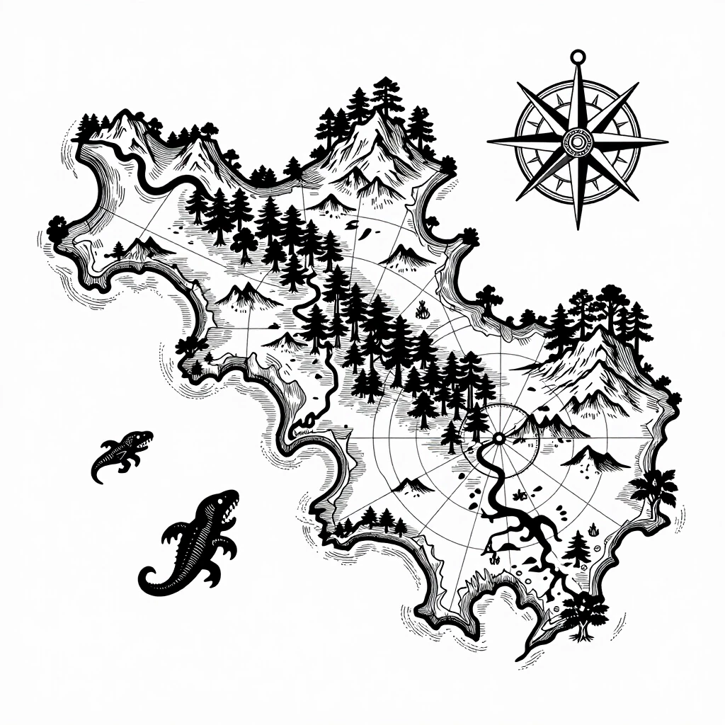 Vintage nautical map, detailed line art vector design, Tainted Grail style. Flat top-down overhead view of a dark fantasy island. Intricate vintage engraving style with fine…
