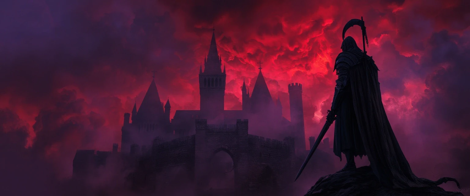 Dark fantasy gaming YouTube banner background, gothic ruined castle under a stormy blood-red and purple sky, mystical glowing fog, epic mood, detailed silhouette of a knight in…
