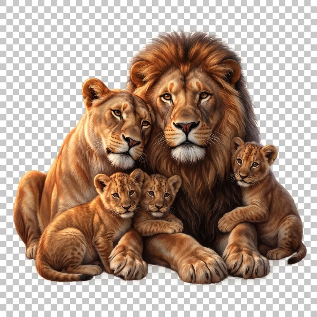 Draw a touching scene: a lion family, closely pressed against each other, conveys a sense of love, understanding, warmth, and affection. In the center is the father lion, next…