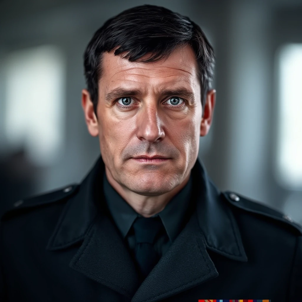professional portrait of middle aged german lieutenant in NATO uniform. Short dark hairs, cold but clever grey eyes — работа пользователя Firebat