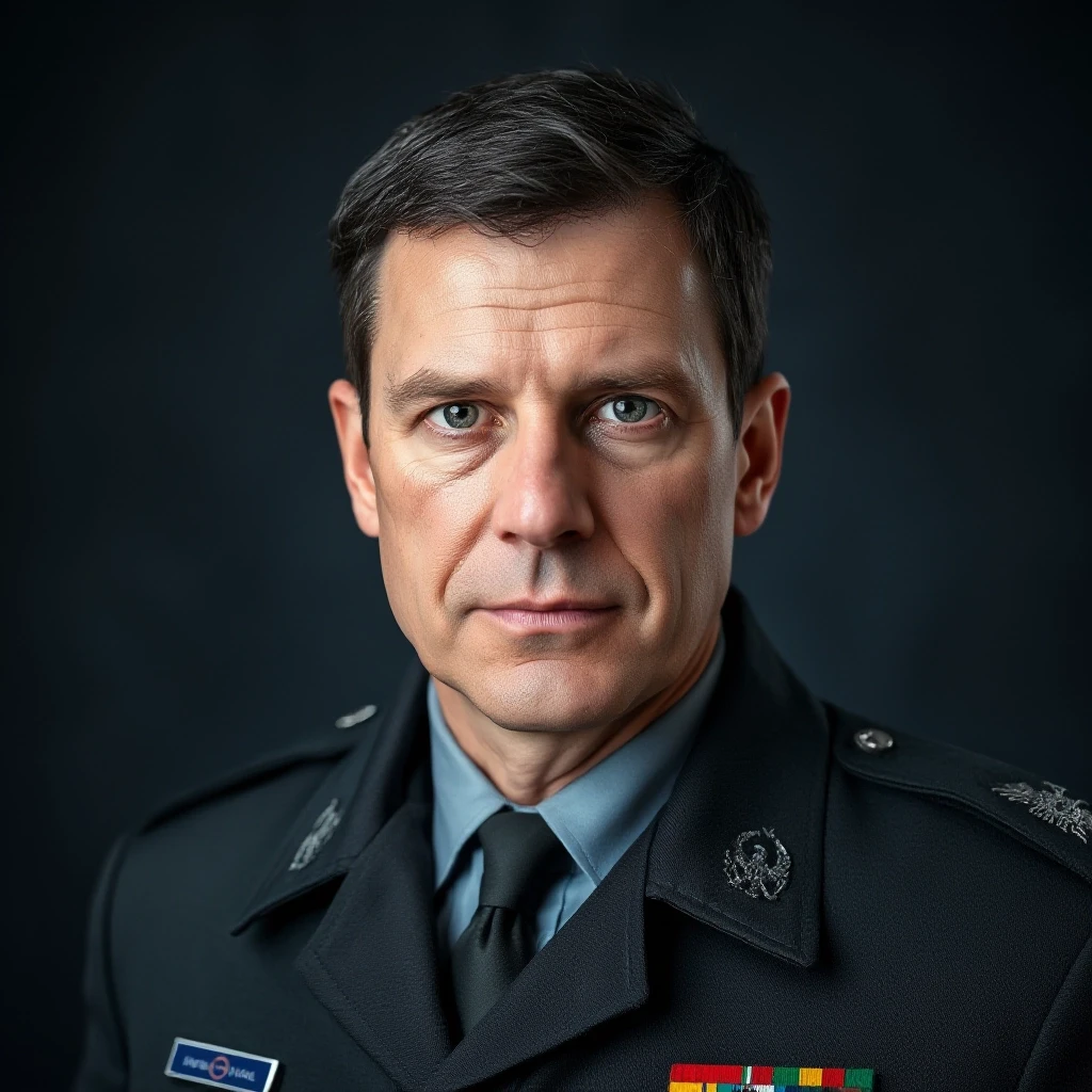 professional portrait of middle aged german lieutenant in NATO uniform. Short dark hairs, cold but clever grey eyes — работа пользователя Firebat