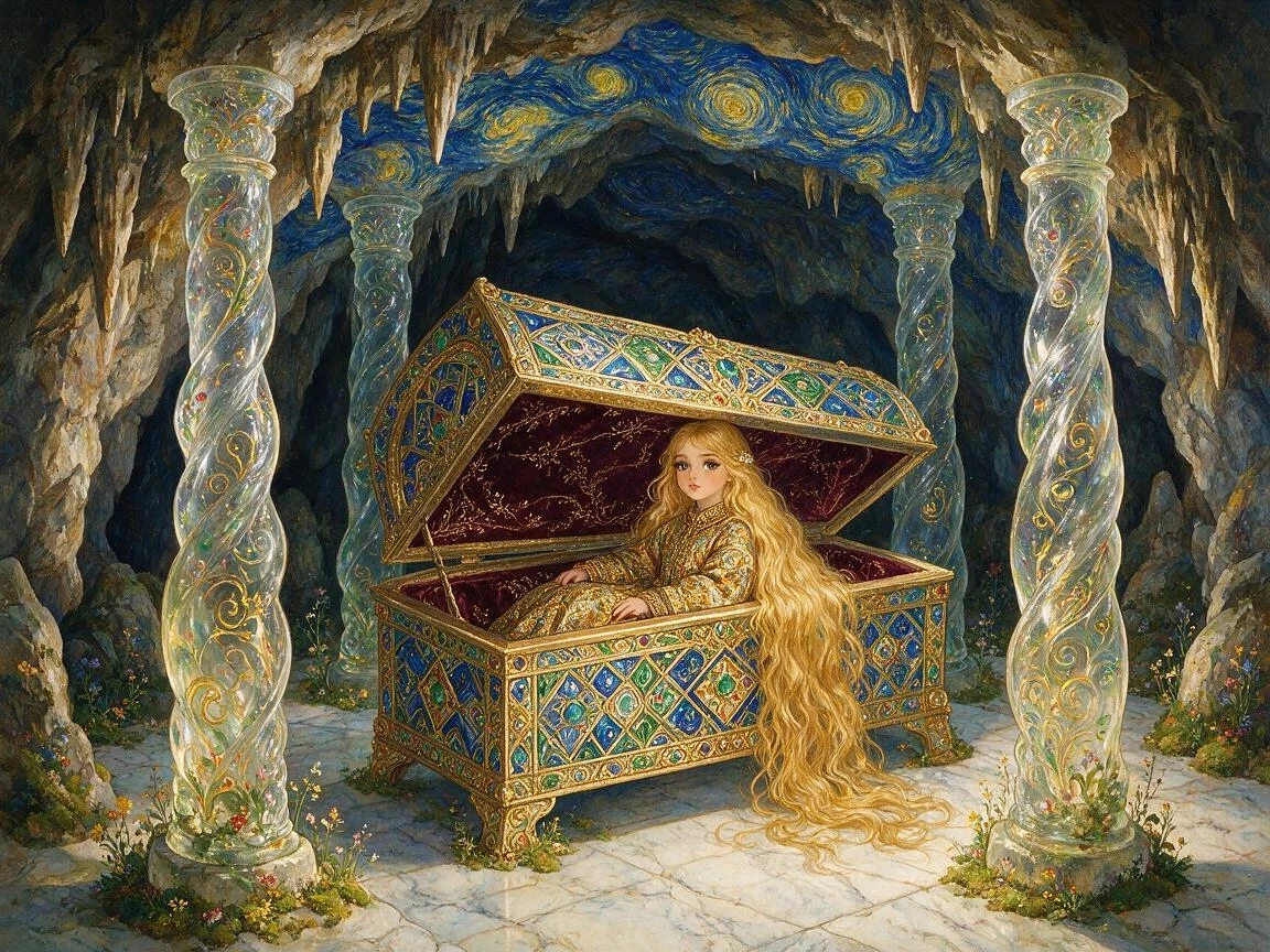Painting of an ancient tomb in a cave in the style of Van Gogh and Josephine Wall. On four twisted glass pillars hangs a tomb, painted in a geometric style, diluted with Baroque…