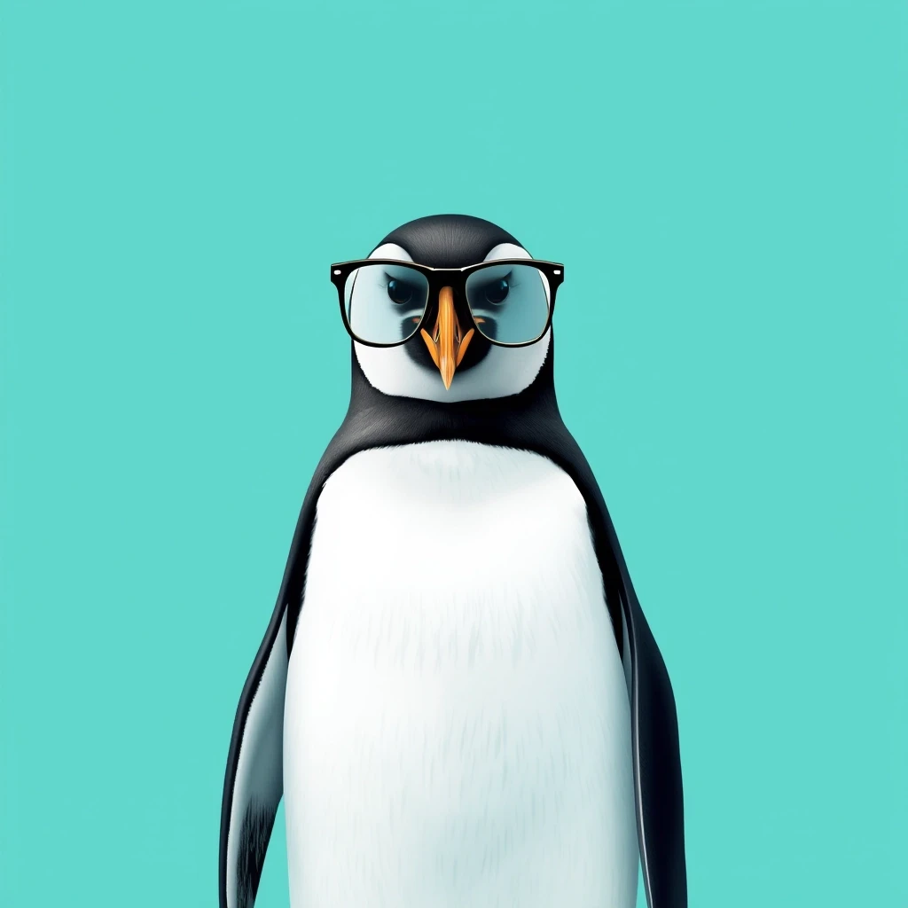 Draw a symmetrical frontal frame in the style of Wes Anderson for the A6 format. In the center is a full—length penguin, he stands straight, compact sunglasses with thin frames…