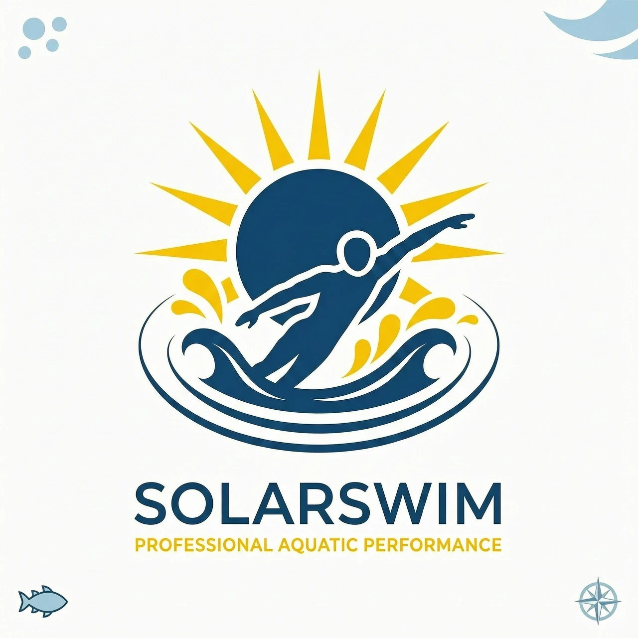 Minimalist vector logo design of a creative hybrid symbol combining a professional swimmer and a radiant sun, partially submerged in stylized water ripples. The silhouette of a…