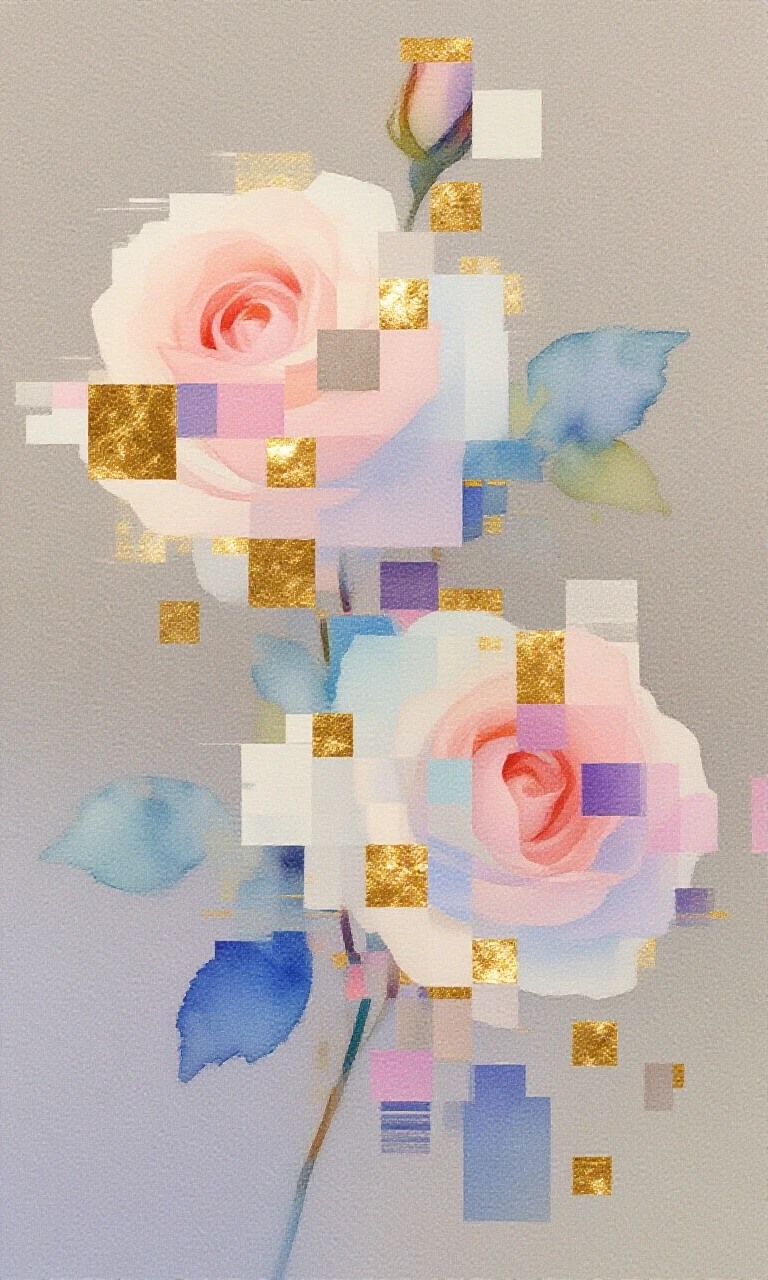 A watercolor painting on a neutral gray‑beige background with a gradient. Impressionism. Visible texture of the canvas or textured watercolor paper. Glitch art: digital roses…