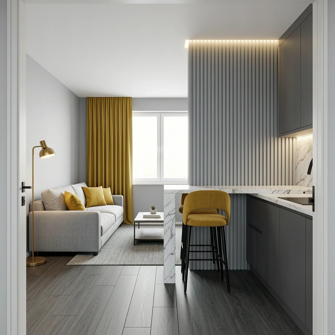 Interior design of a rectangular 18 sqm kitchen-living room, view from the entrance door. Room size 4.5m width x 4.0m depth, ceiling height 2.7m. Upon entering, on the left is a…